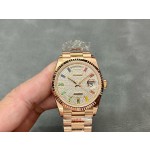 Sunday date display series women's watch with diamond-set dial, rose gold bezel, 36mm case, and rose gold President-style bracelet.